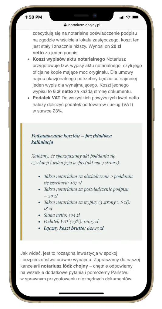 Strona internetowa notariusza - wycena na telefonie
