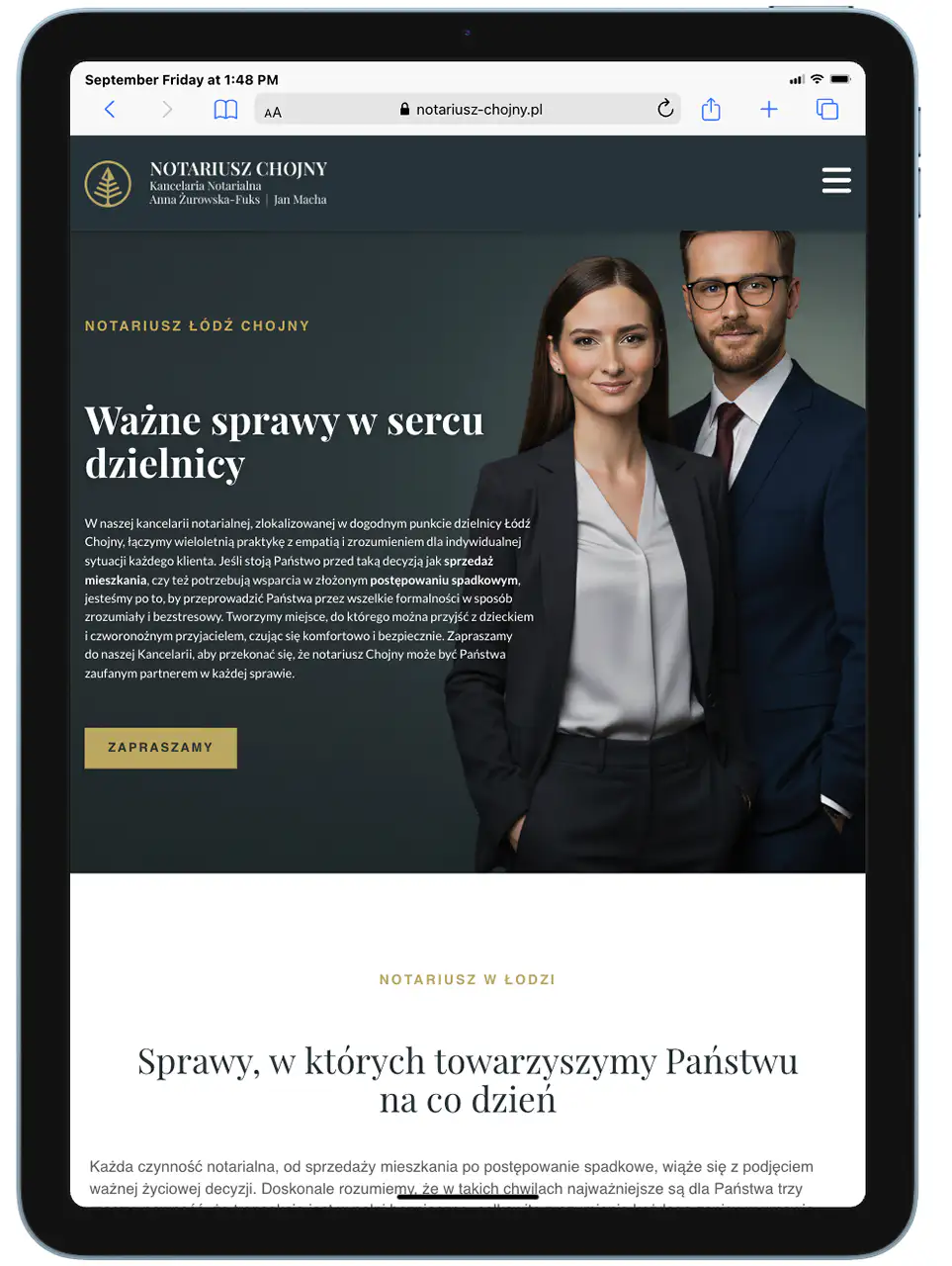 Strona internetowa notariusza - hero section tablet